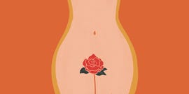 illustrated figure of woman with rose in pelvic region