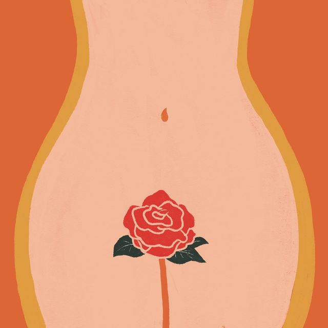 illustrated figure of woman with rose in pelvic region