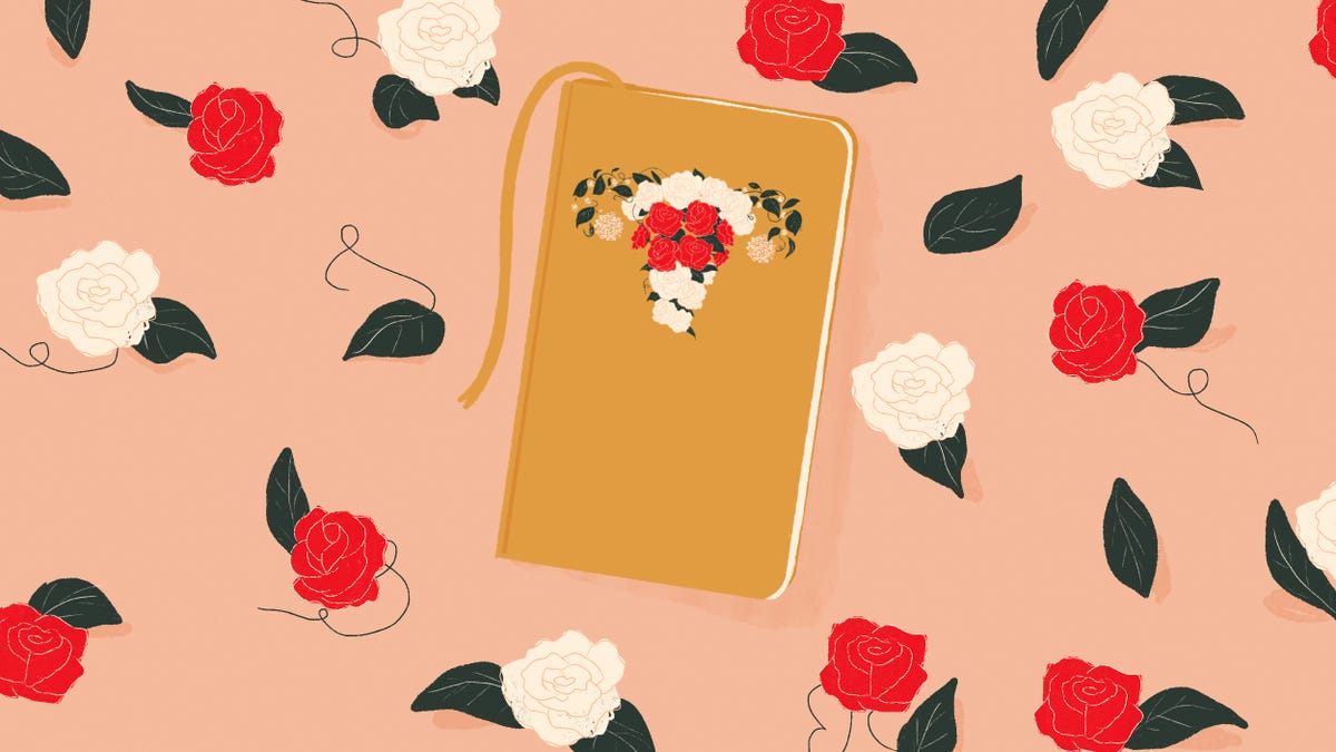 illustrated handbook with roses forming a woman's reproductive system