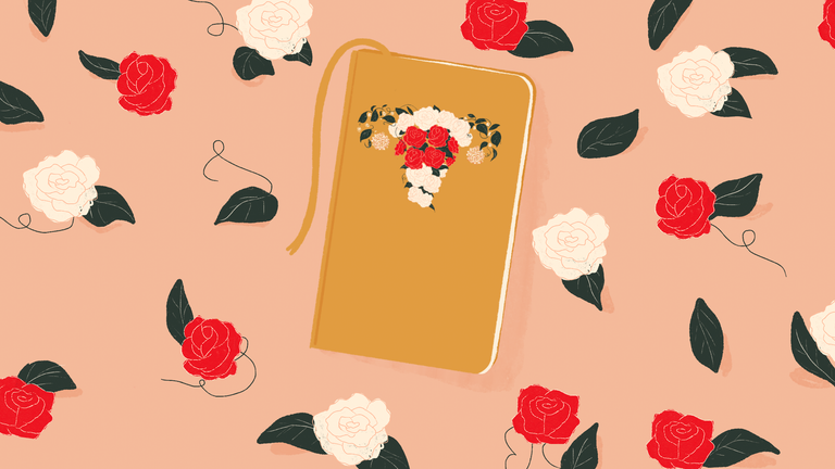 illustrated handbook with roses forming a woman's reproductive system