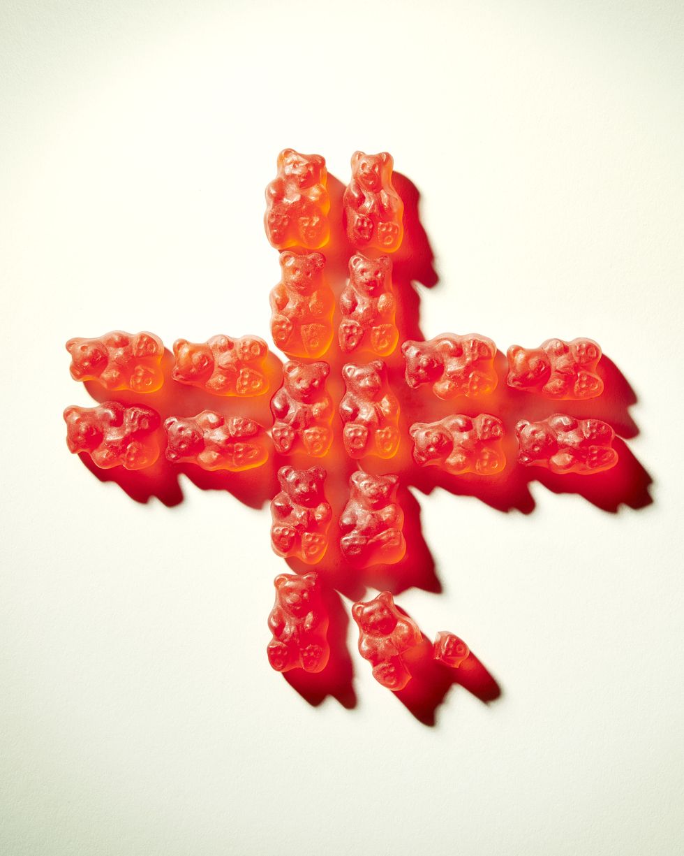 red fruit sweets, fruit gums in the shape of a cross, sugar overload