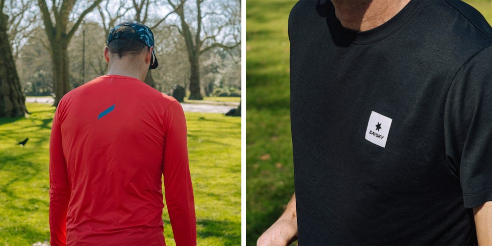 two men in a park, one photographed from behind wearing a red running top, the other shows a close up of a navy tshirt