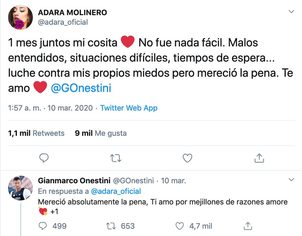 Adara manda un mensaje de amor a Gianmarco por su primer mes de relación y el italiano le contesta