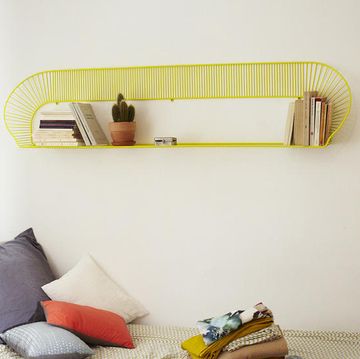 Shelf, Yellow, Furniture, Room, Wall, Rectangle, Interior design, Beige, Shelving, Comfort, 