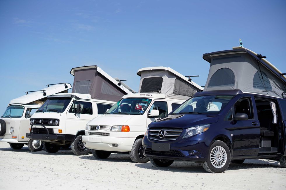 mercedes benz metris and other camper vans photographed at folly beach, sc in august 2020