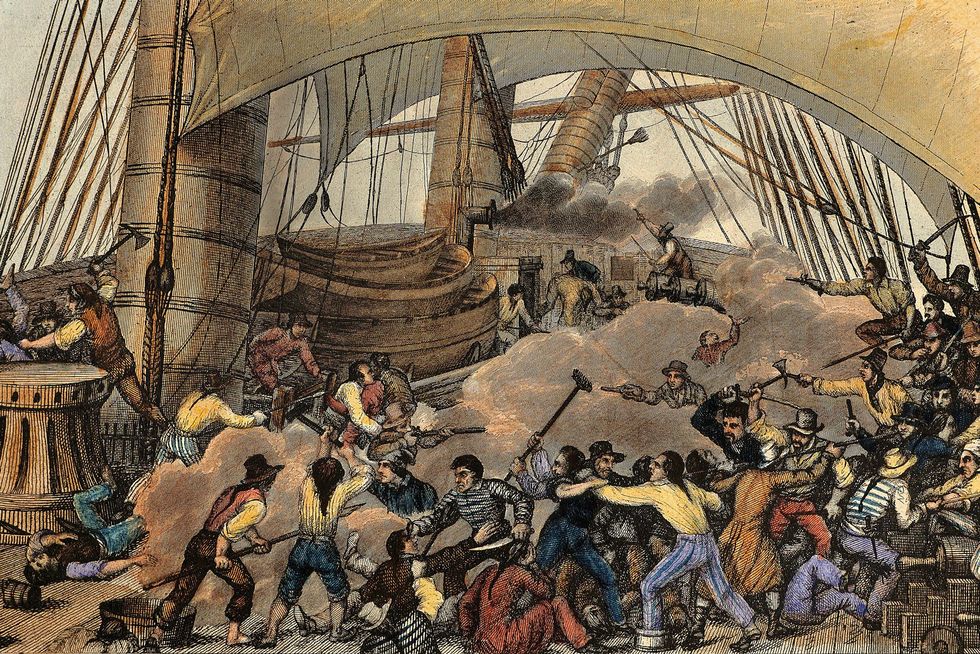 In deze negentiendeeeuwse gravure wordt een handelsschip belaagd door piraten
