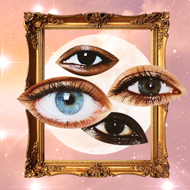 four eyes of different colors are placed in front of a golden photo frame, which in turn is placed over a full moon and a pink, starry sky