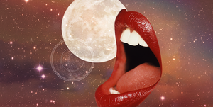 a giant mouth is open as if to yell, over a background of a full moon in a dark starry sky