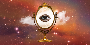 a dark eye is placed in the middle of a mirror, placed in a cloudy sky
