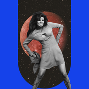 a woman poses in front of the planet mercury