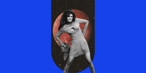 a woman poses in front of the planet mercury