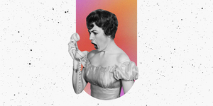 a vintage photo of a woman yelling into a phone is laid over a multicolored background