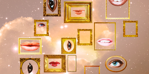 golden picture frames filed with eyes and mouths are placed in a starry sky