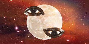 two dark eyes are placed, upside down, over a full moon and a background of a starry sky