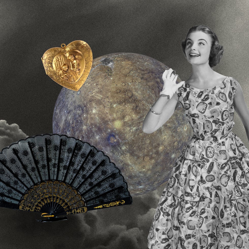 Collage des Planeten Merkur, ein verzierter Fächer, ein goldenes Medaillon und eine Frau aus den 1950er Jahren