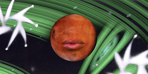 a red planet with a pair of lips on it