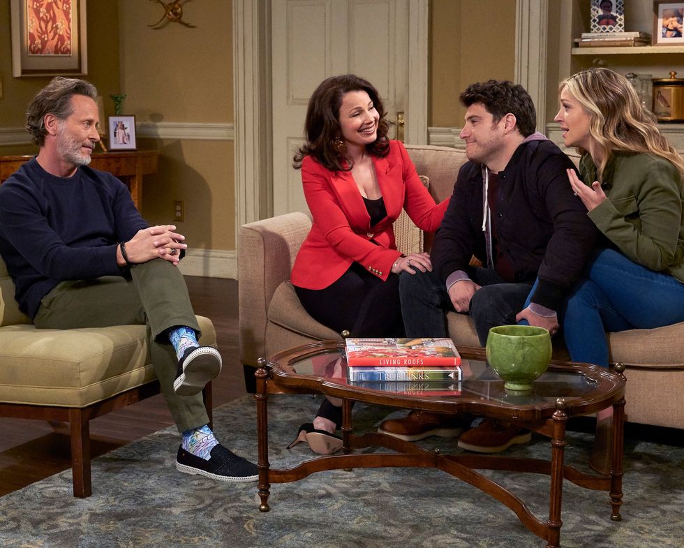 from left, steven weber as stew, fran drescher as debbie, adam pally as dave and abby elliott as rebecca in nbc's "indebted"
