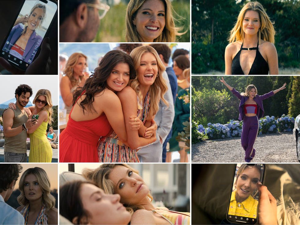 a collage of images of meghann fahy as meritt monaco in netflix's the perfect couple