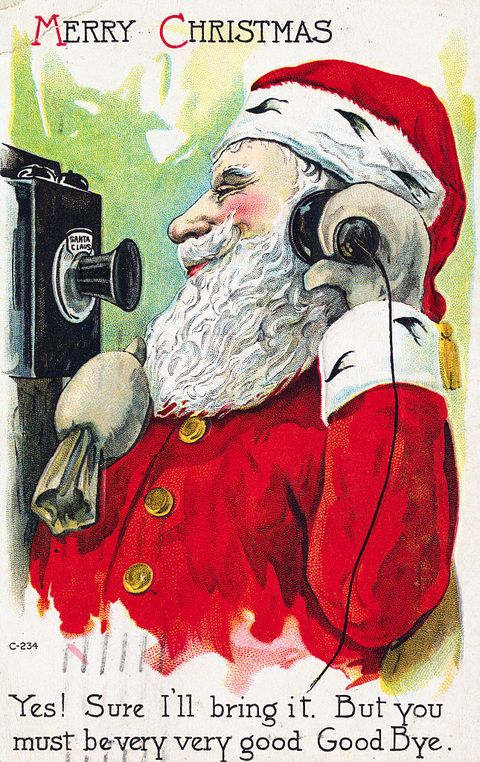 Postcard of Santa Claus Using Telephone
