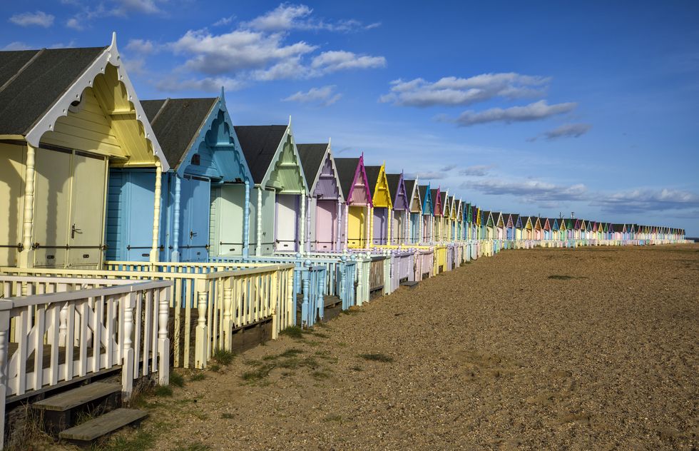 beautiful and multicoloured huts in mersea island, uk