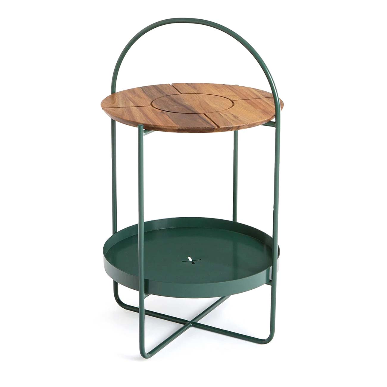 mesa auxiliar con estructura de metal y bandeja de acacia