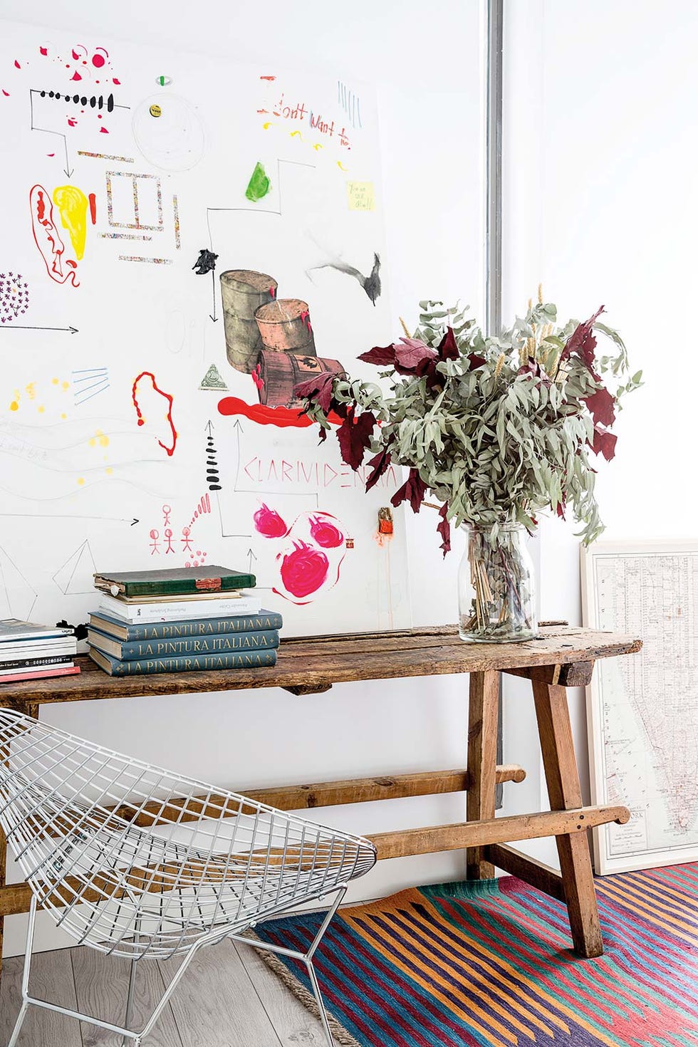 Pink, Table, Furniture, Room, Interior design, Design, Branch, Textile, Flower, Twig, 