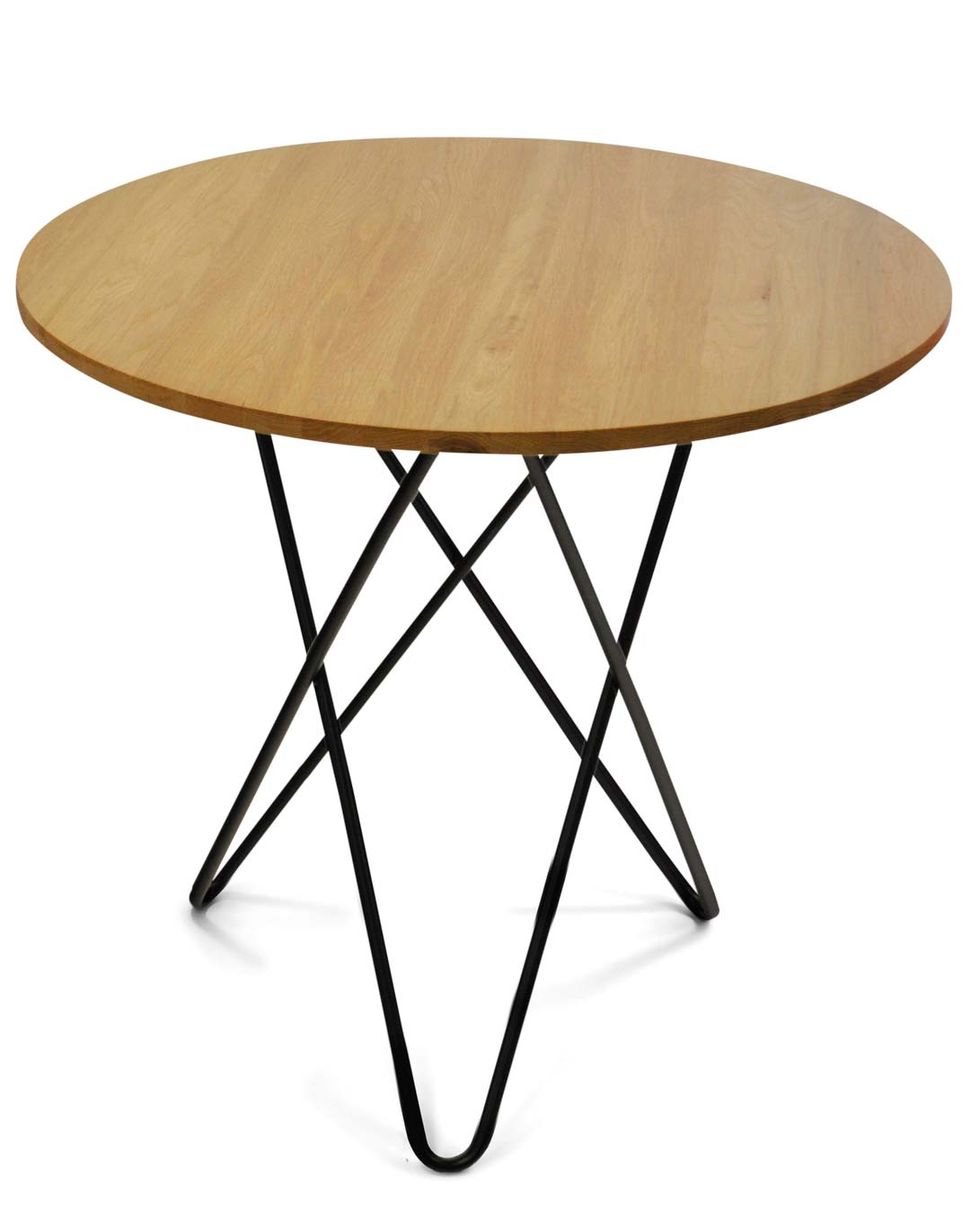 Round wooden side table with rod legs