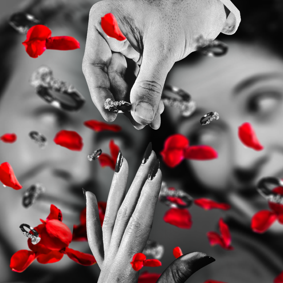 a black and white image of engagement rings floating towards a hand with a couple in the background and red rose petals
