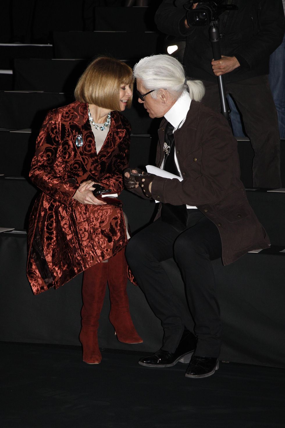paris march 8 anna wintour and karl lagerfeld attend the karl lagerfeld ready to wear aw 2009 fashion show during paris fashion week at espace ephemere tuileries on march 8, 2009 in paris, france photo by michel dufourwireimage