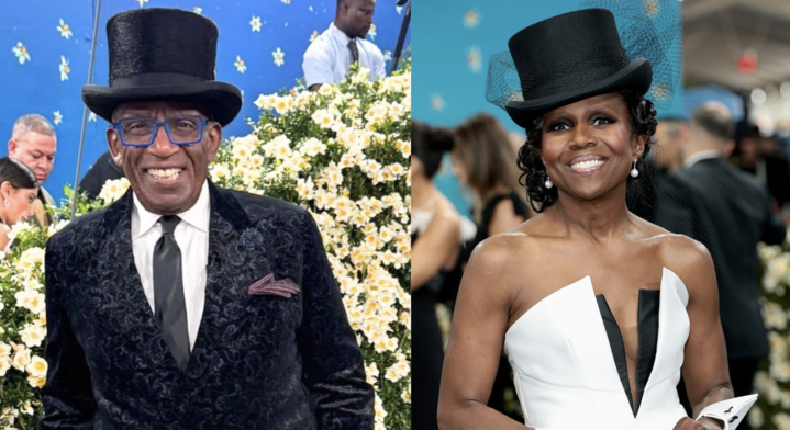 two individuals dressed in formal attire with top hats at a floralthemed event