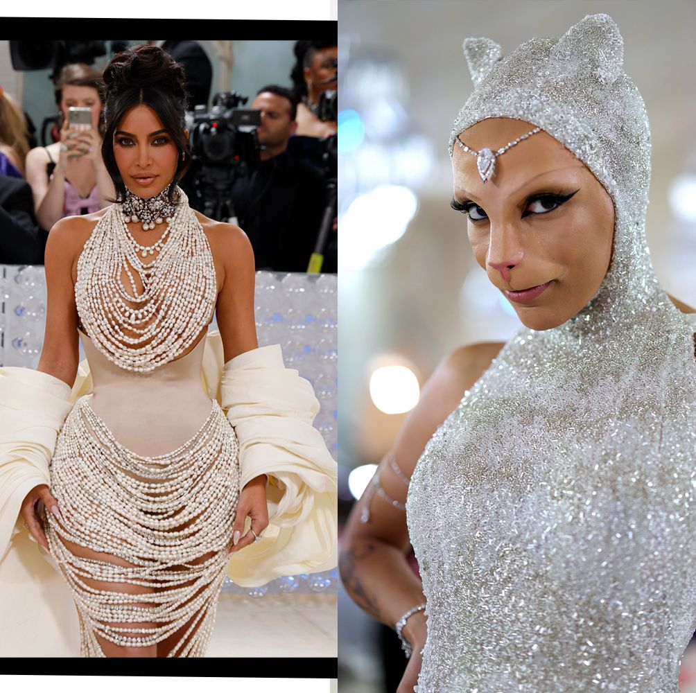 Left, body suit with gold mesh wrap was designed by Karl Lagerfeld