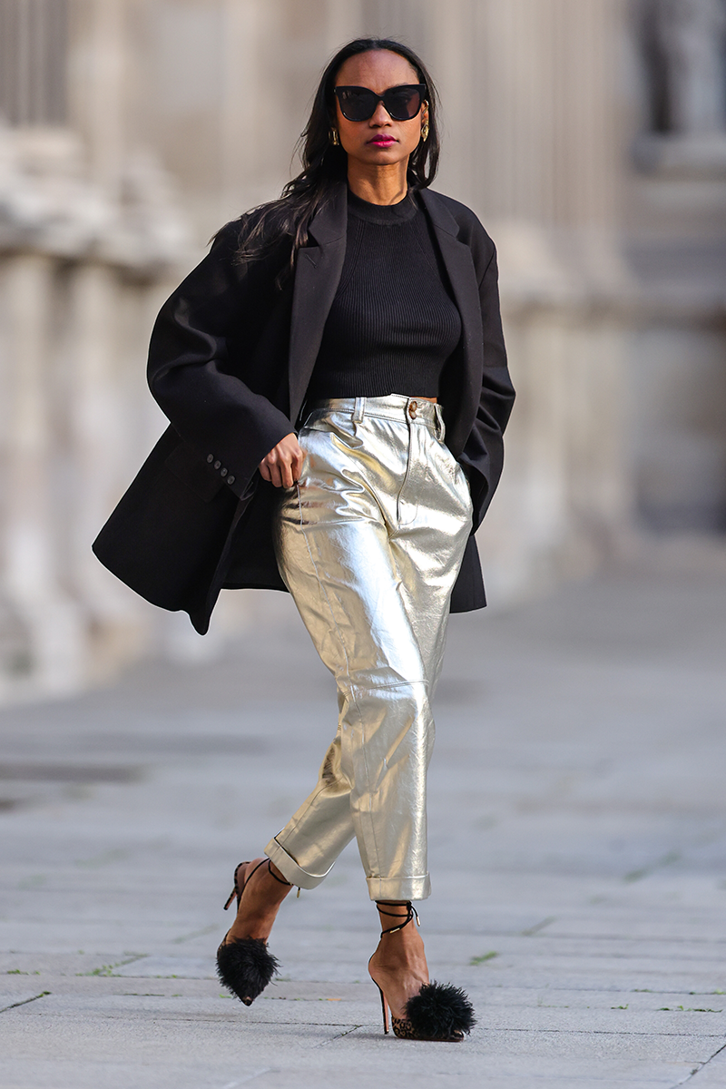 a blazer and gold metallic trousers street style