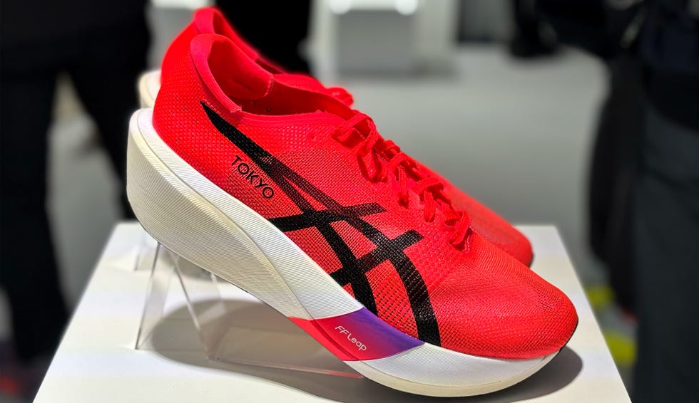 a pair of red racing shoes