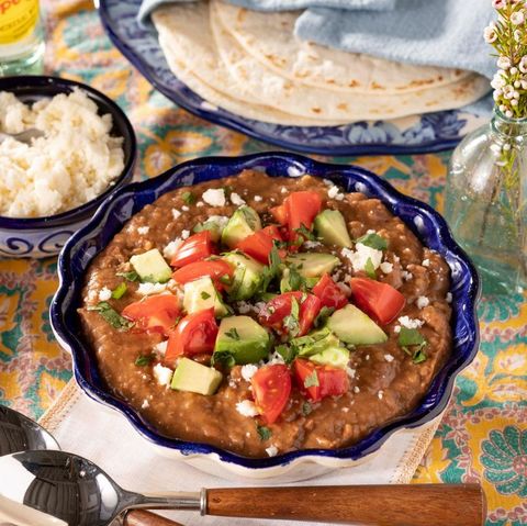 mexican recipes instant pot refried beans with avocado and tomato tortillas in back