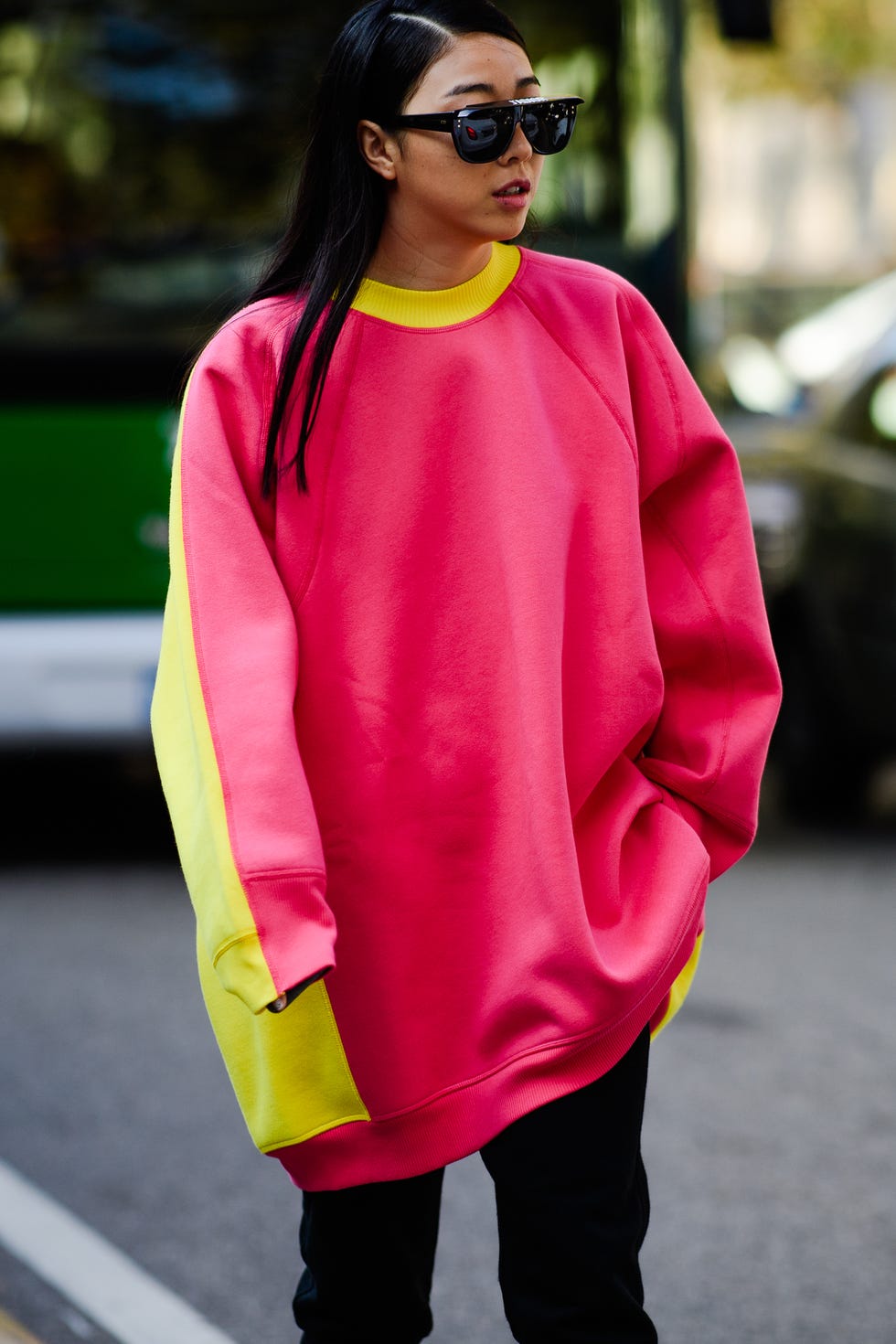 Clothing, Street fashion, Pink, Fashion, Yellow, Eyewear, Red, Outerwear, Sunglasses, Footwear, 