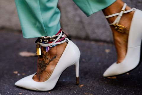 Footwear, White, Street fashion, High heels, Shoe, Green, Fashion, Ankle, Fashion accessory, Leg, 