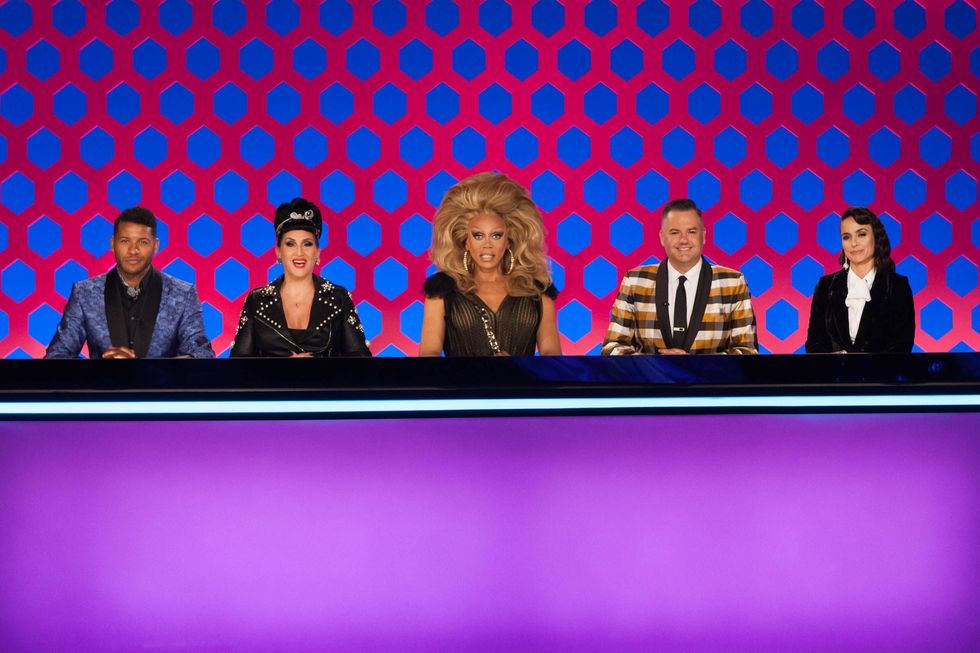 The judges panel for an episode of "RuPaul's Drag Race," featuring (L-R) Jeffrey Bowyer-Chapman, Michelle Visage, RuPaul, Ross Mathews, and Constance Zimmer. 