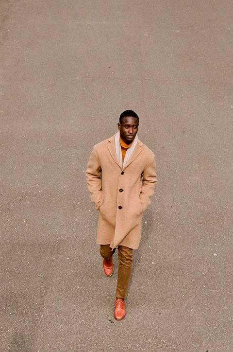 Clothing, Fashion, Outerwear, Beige, Standing, Trench coat, Human, Suit, Coat, Street fashion, 