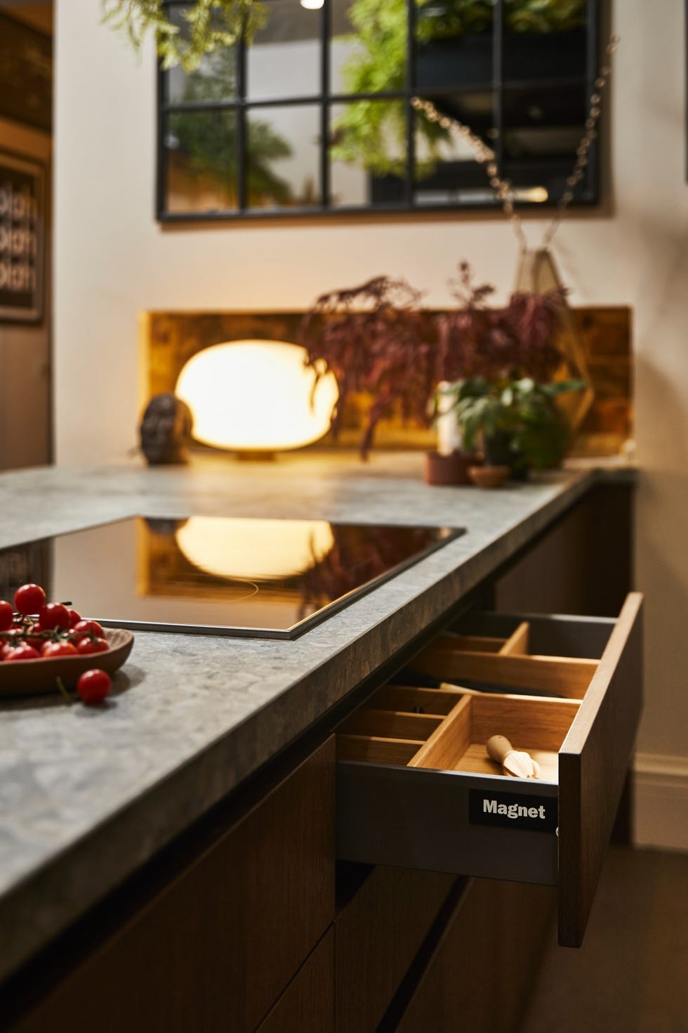 Kitchen island with open cookware drawers, stove, lighting and artificial foliage