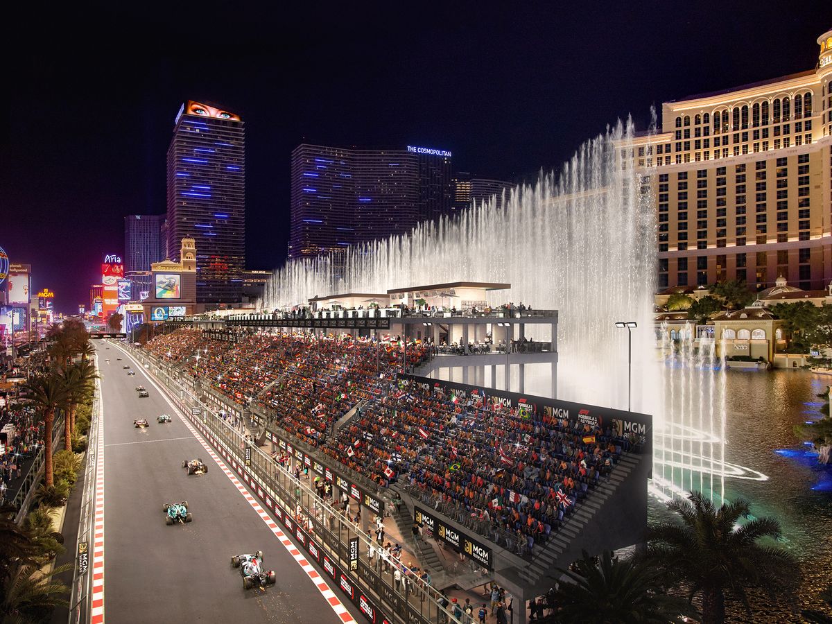 F1 Las Vegas Grand Prix: Amazing First Rendering of Bellagio Fountains  Grandstands