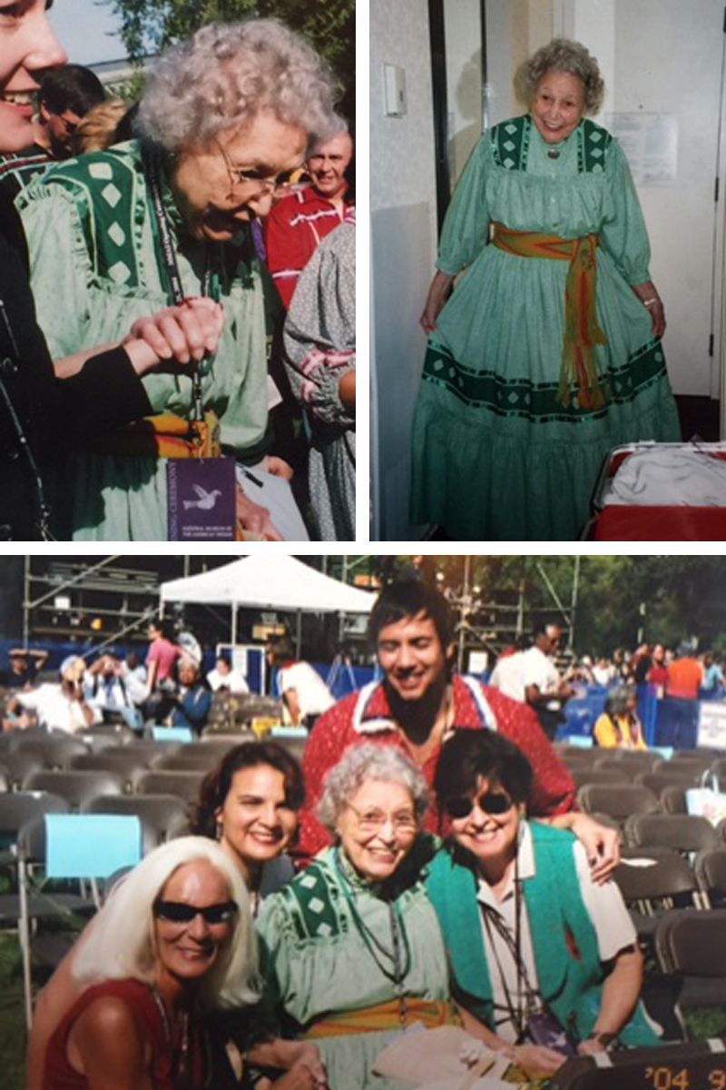 collage of mary wearing a green dress at the museum opening