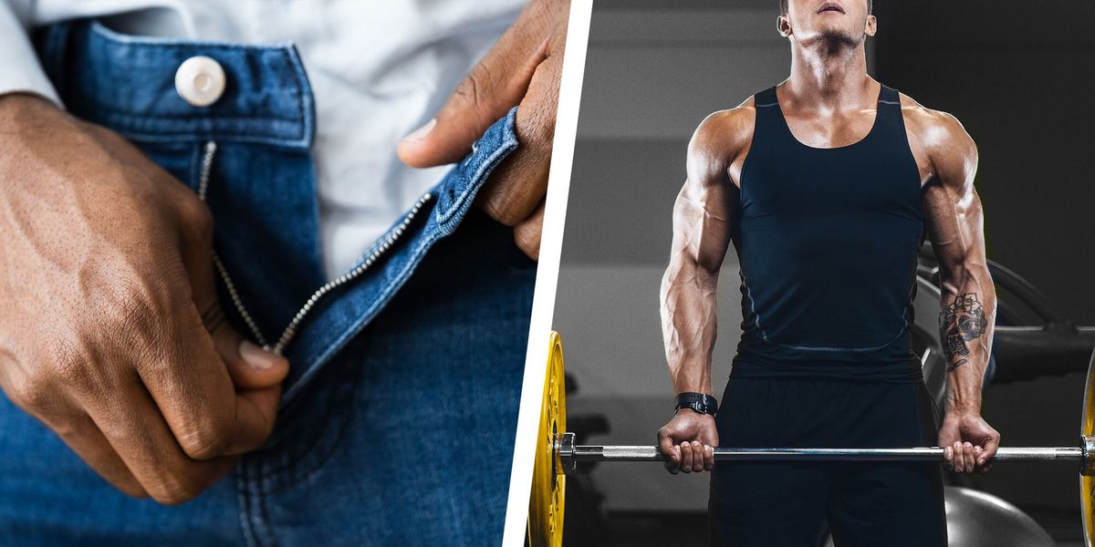 split image with man unzipping jeans and man lifting weights
