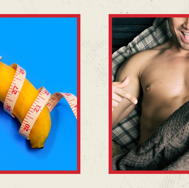a banana wrapped in measuring tape on the left and a man looking under the covers at his penis on the right