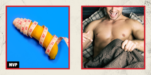 a banana wrapped in measuring tape on the left and a man looking under the covers at his penis on the right