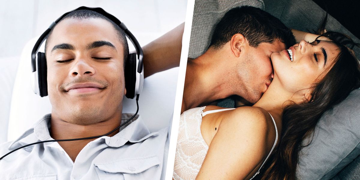 a diptych of a man with headphones on one side and a couple having sex on the other