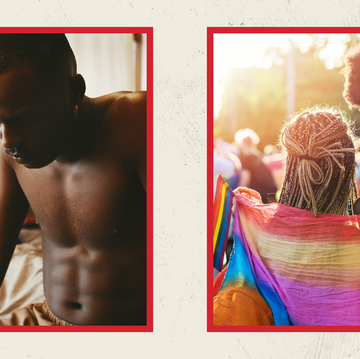 side by side images of a couple sharing a tense moment in bed and two women with a colorful scarf wrapped around them