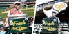 An A's hot dog vendor took a seat among some fans and kept working