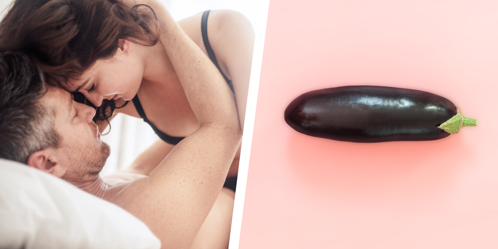 a diptych of a couple having sex and an eggplant signifying a penis