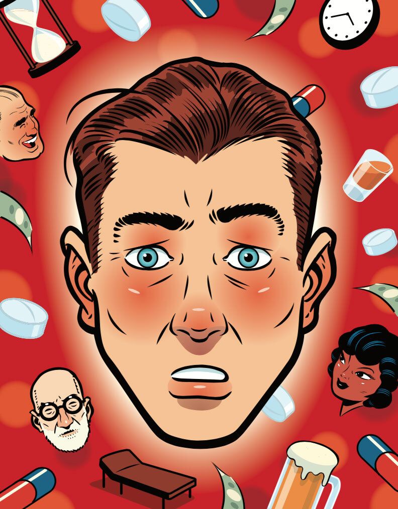 illustration of worried man surrounded by images of freud, beers, and pills