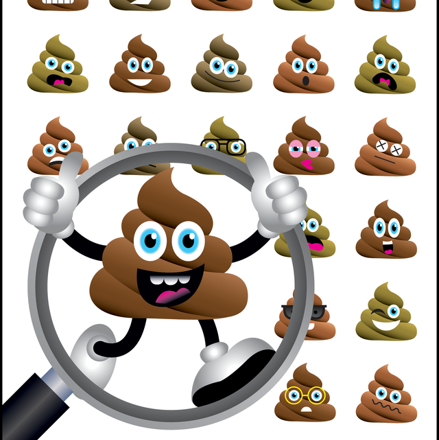 repeated image of poop emoji with magnifying glass over one